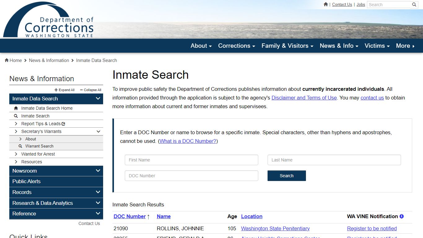Inmate Search | Washington State Department of Corrections